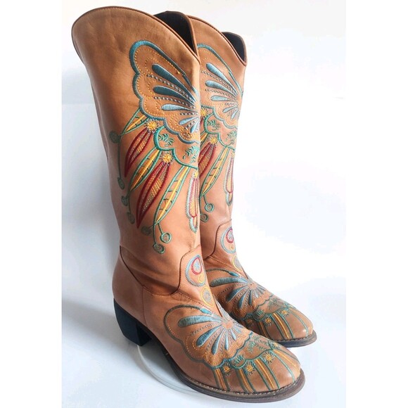 L'Artiste Knee High Tall Boots 10.5 - 11 / 42 Leather Embroidered Riding Boho - Picture 3 of 15